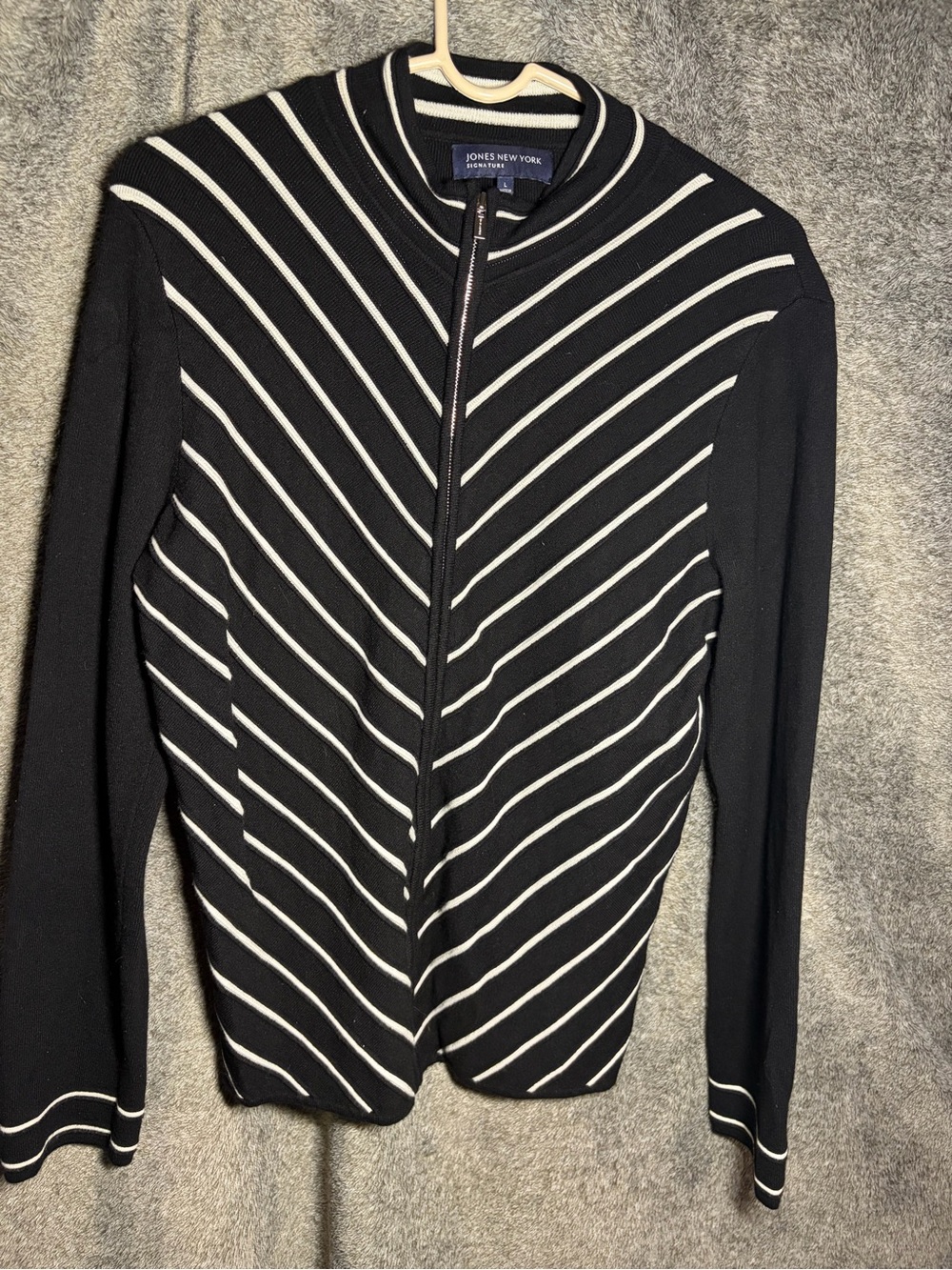 Jones New York Black Zip-Up Sweater with White Diagonal Stripes